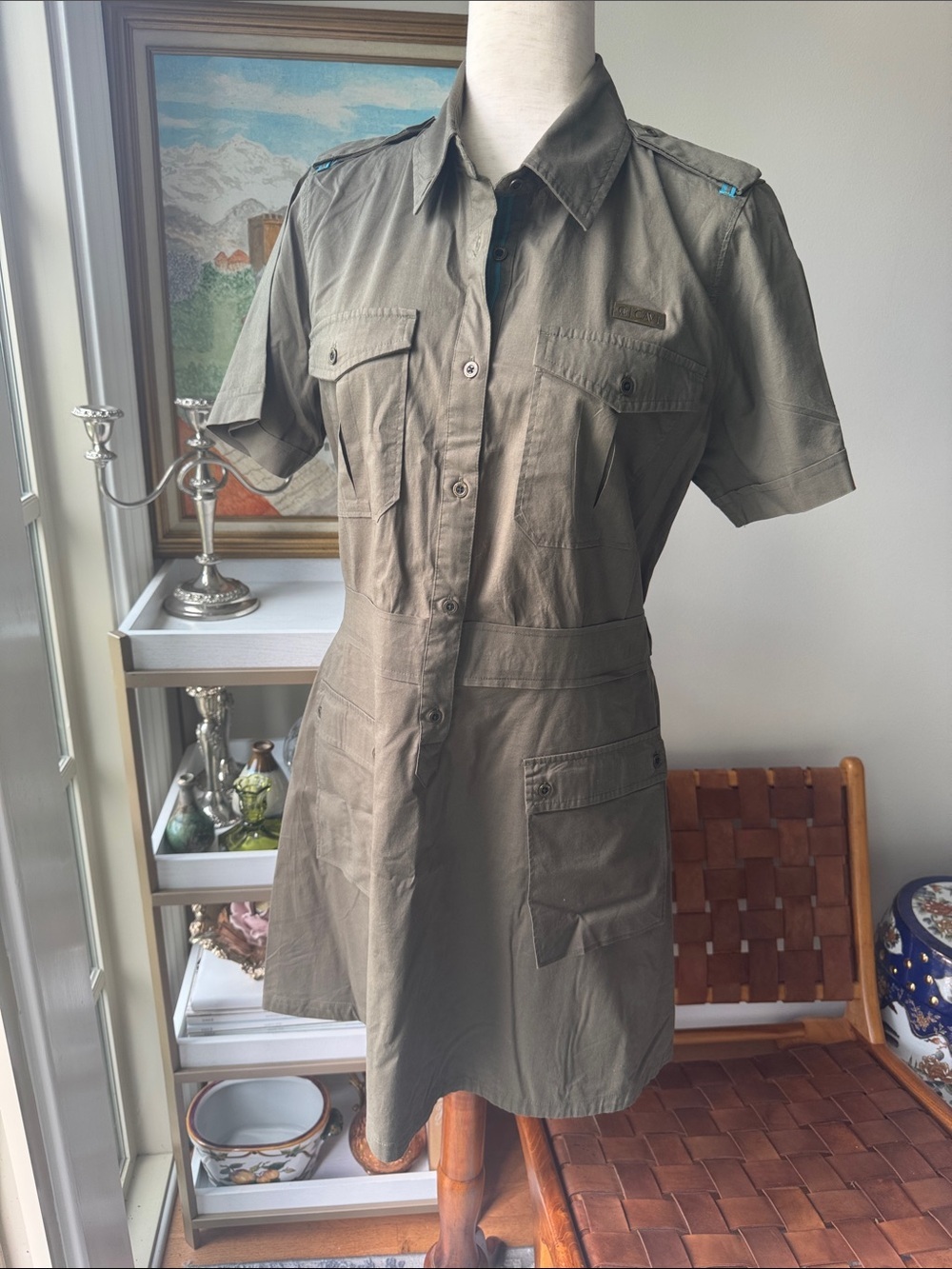 Short-Sleeve Utility Shirt Dress in Olive